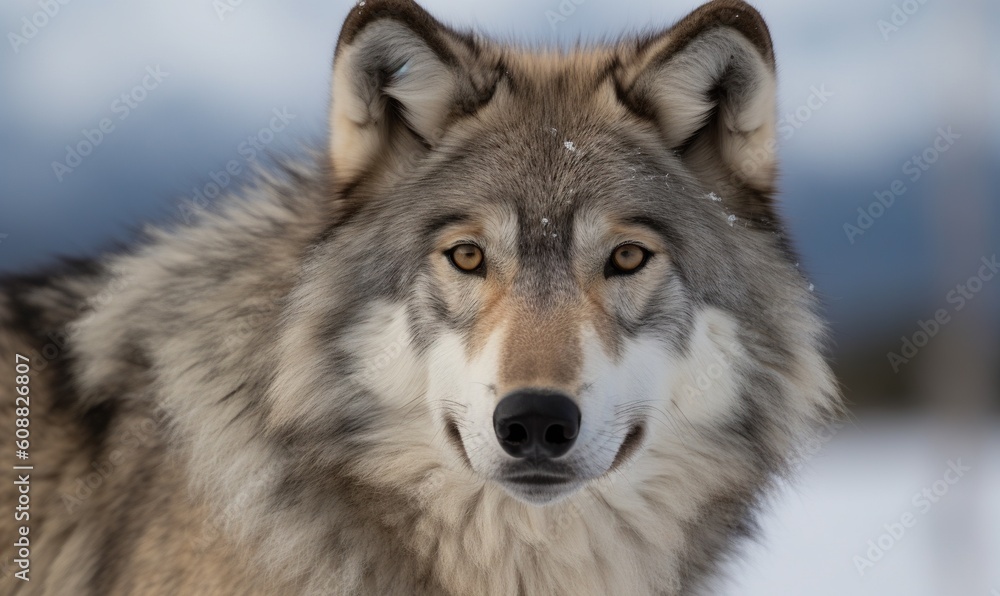  a close up of a wolf in the snow looking at the camera.  generative ai