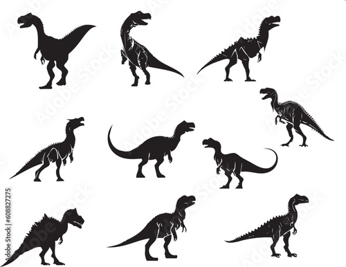 Set of silhouettes of dinosaurs a white background