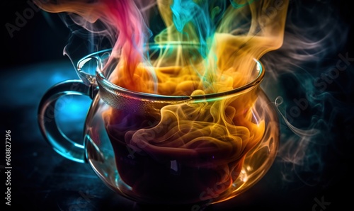  a glass mug filled with liquid and colorful smokes on a black background. generative ai