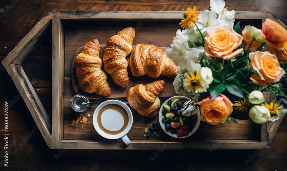  a tray with a cup of coffee, croissants and flowers.  generative ai