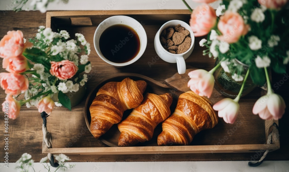  a wooden tray topped with croissants next to a cup of coffee.  generative ai