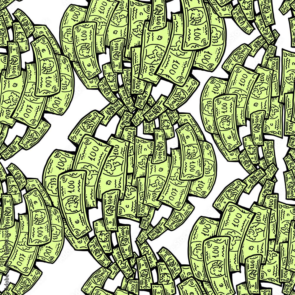 Obraz premium Money seamless vector pattern background for print design. Hundred dollars banknotes, a lot of cash for finance. economy, business success theme. Hand drawn line illustration, cartoon style drawing.