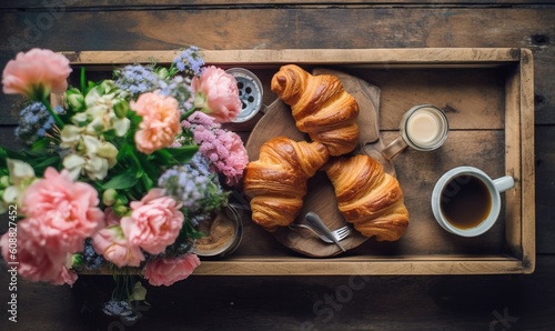  a tray with a bunch of croissants and a cup of coffee. generative ai