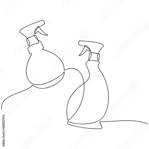 Vector set detergent spray bottle dispenser. One line continuous drawing, graphic illustration. Hand drawn linear silhouette icon. Cleaning product, chemical household supplies. Minimal design logo.
