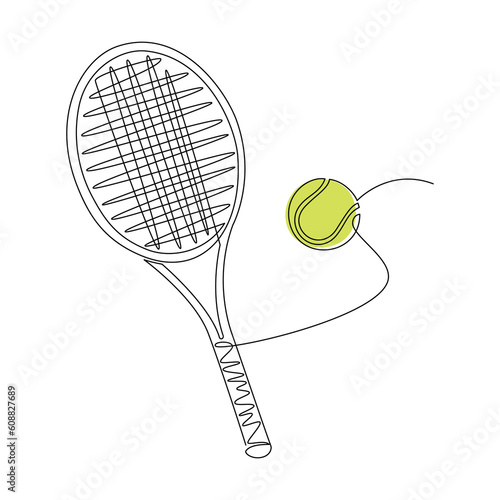 Tennis racket ball icon vector. Line continuous drawing. Minimal hand drawn linear illustration. Outline design, print, banner, card, brochure, poster, logo, sign, symbol. Sport, competition, hobby.