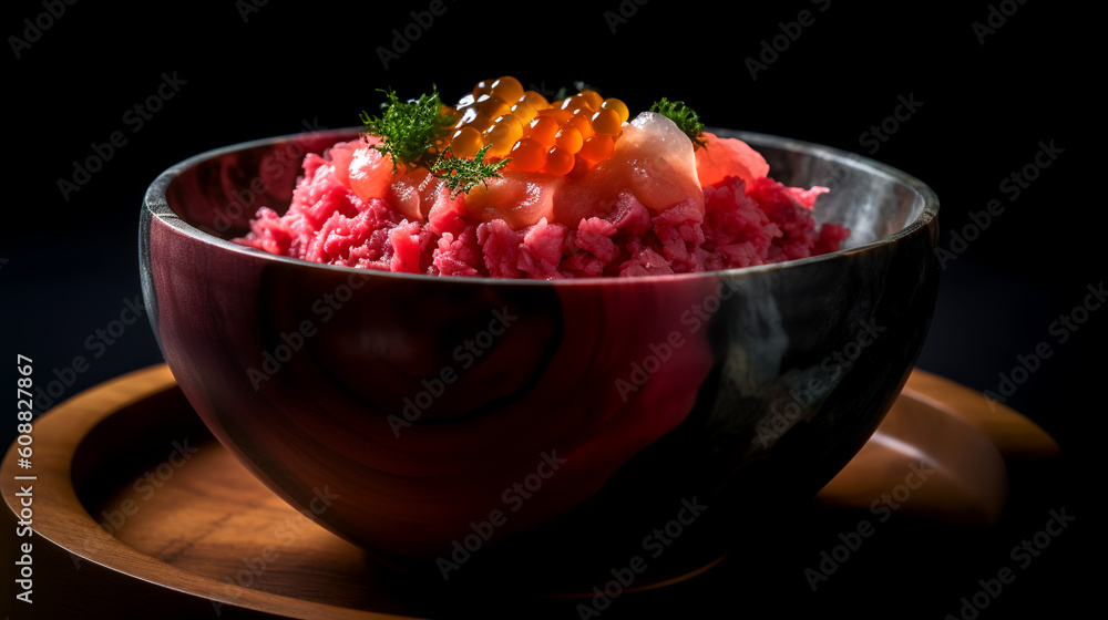 Indulge in a delightful combination of fresh and succulent salmon and tuna sashimi, accompanied by a bowl of aromatic rice. The raw fish slices, expertly prepared and served with a touch of wasabi Indulge in a delightful combination of fresh and succulent salmon and tuna sashimi, accompanied by a bowl of aromatic rice. The raw fish slices, expertly prepared and served with a touch of wasabi