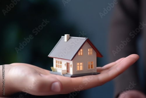 Home loan for new family symbolized by hand holding paper house model Generative AI photo