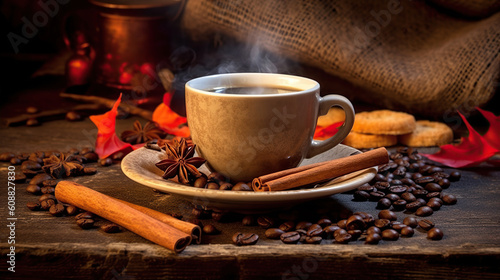 Steaming Coffee Cup with Fragrant Cinnamon and Coffee Beans. Created with Generative AI