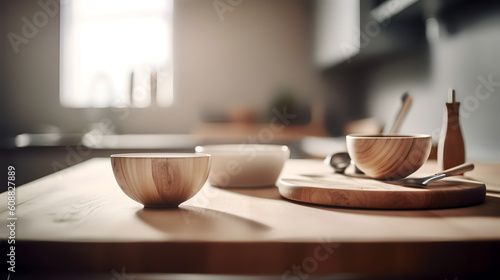  Step into a world of captivating minimalism with our latest photography masterpiece. Behold the beauty of an empty brown wooden tabletop, perfectly placed against a blurred, defocused modern kitchen 