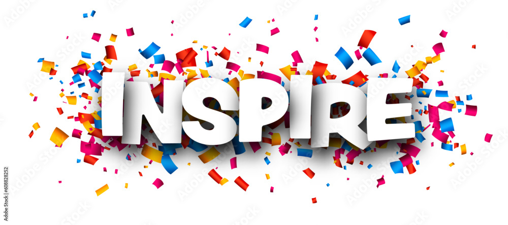 Inspire sign over colorful cut out ribbon confetti background. Design element. Vector illustration. Inspire sign over colorful cut out ribbon confetti background. Design element. Vector illustration.