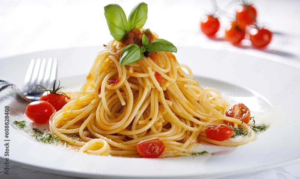 a plate of spaghetti with tomatoes and basil on top of it. generative ai a plate of spaghetti with tomatoes and basil on top of it. generative ai