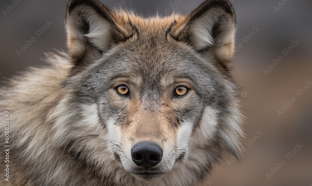  a close up of a wolf's face with a blurry background.  generative ai