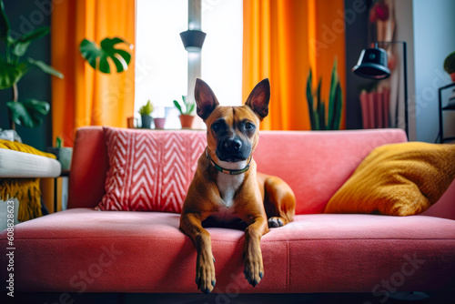 portrait of сute dog lying on the pink couch at home. Dog in the city apartments. Generative AI