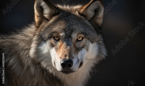  a close up of a wolf's face with a black background. generative ai