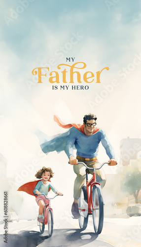 My father my hero Cute watercolor illustration for father's day greetings