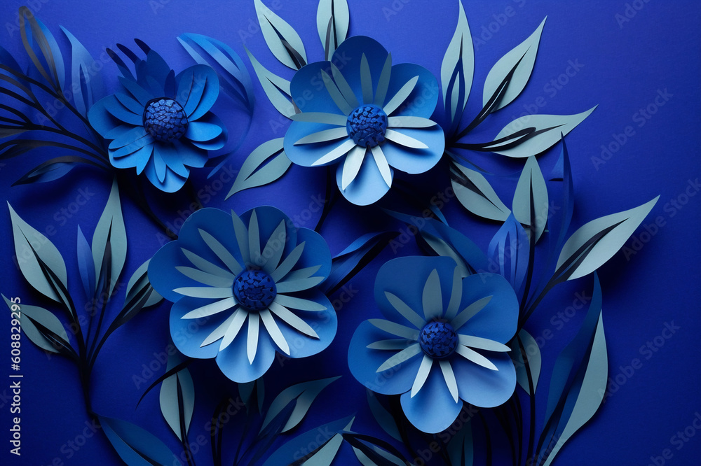 Paper Cut Floral Composition: A Creative 3D Arrangement in Vibrant Blue Colors. Generative AI