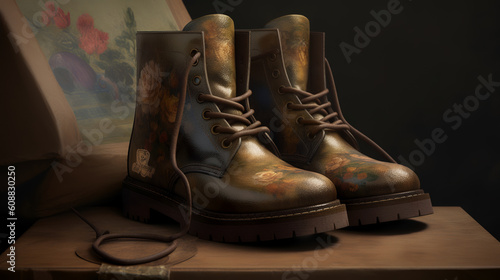 Immerse yourself in the world of vintage-inspired fashion with our stunning oil painting mock-up. This captivating artwork showcases a collection of exquisite boots, each capturing their rich textures