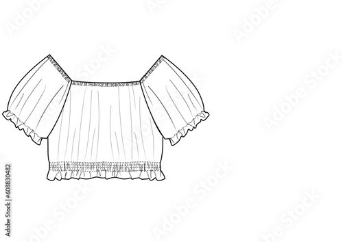 woman baloon sleeve, drawstring detail crop top technical drawing vector