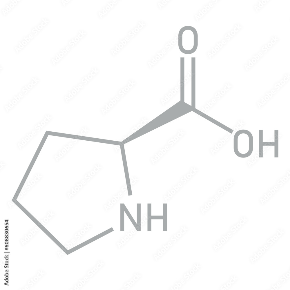 Chemical structure of proline (C5H9NO2). Chemical resources for teachers and students. Vector illustration. Chemical structure of proline (C5H9NO2). Chemical resources for teachers and students. Vector illustration.