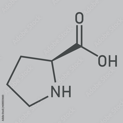 Chemical structure of proline (C5H9NO2). Chemical resources for teachers and students. Vector illustration. photo