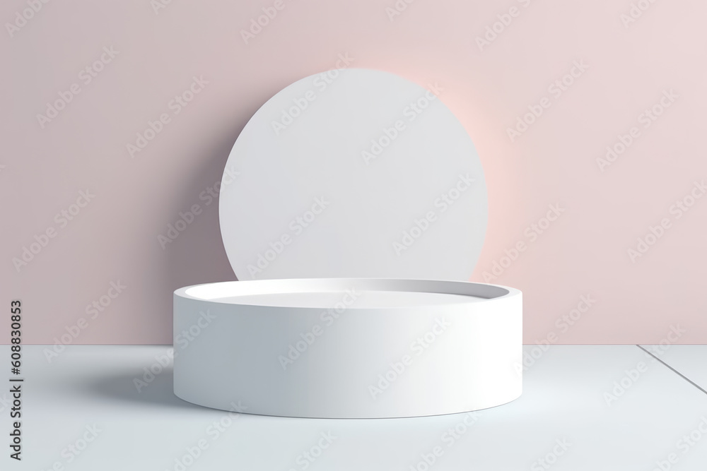 Abstract empty white round concrete podium on pastel background with shadow. Mock up stand for cosmetic product and presentation. AI Abstract empty white round concrete podium on pastel background with shadow. Mock up stand for cosmetic product and presentation. AI