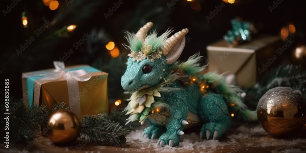 AI generated. Cute toy dragon sitting under the Christmas tree surrounded by gifts Generative AI
