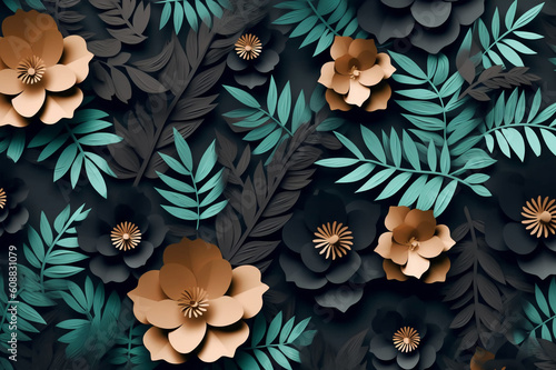 Golden Harmony  3D Flower Arrangement on Black Background. Generative AI