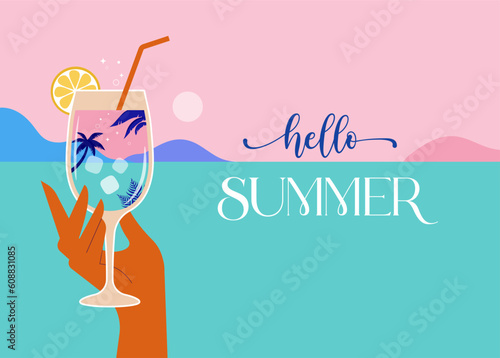 Modern flat summer beach party flyer design templates. Hand holding cocktail glass on sea landscape background. Celebration poster concept and web banner.