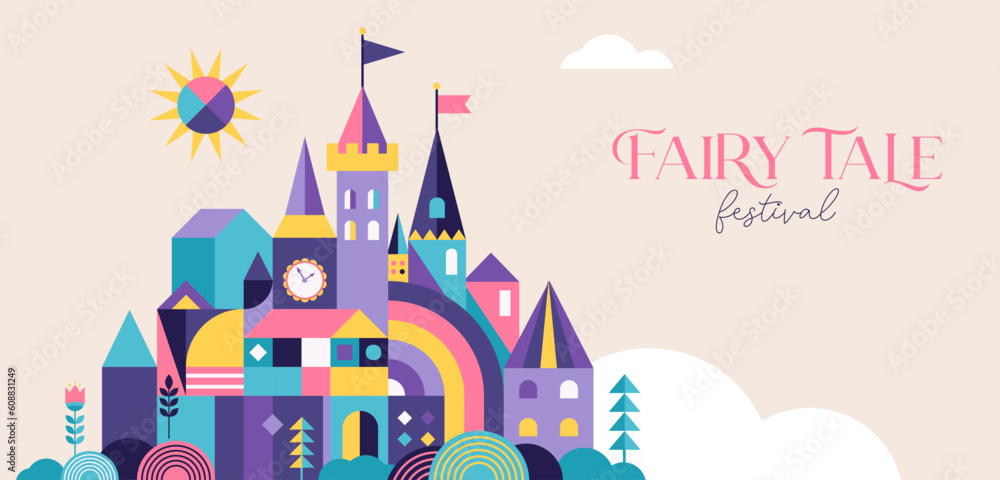 Fairy tale books festival banner and flyer template with colorful castle
