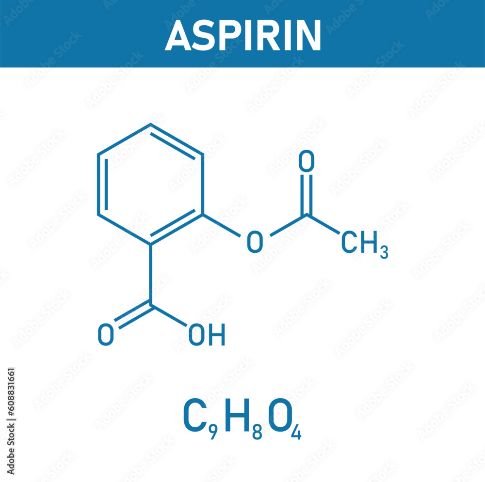 Chemical structure of Aspirin or Acetylsalicylic acid (C9H8O4). Chemical resources for teachers and students. Vector illustration isolated on white background.