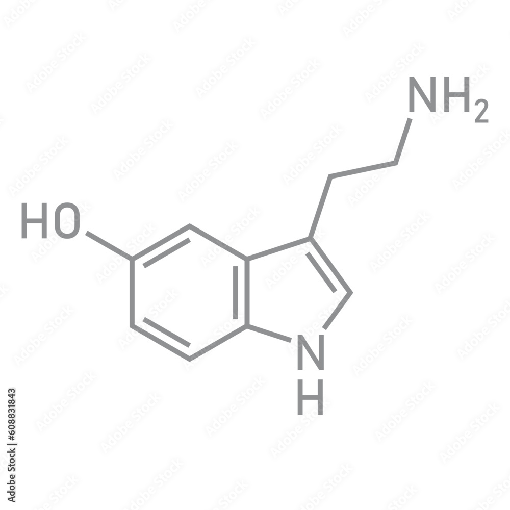 Chemical structure of Serotonin (C10H12N2O). Chemical resources for teachers and students. Vector illustration isolated on white background. Chemical structure of Serotonin (C10H12N2O). Chemical resources for teachers and students. Vector illustration isolated on white background.