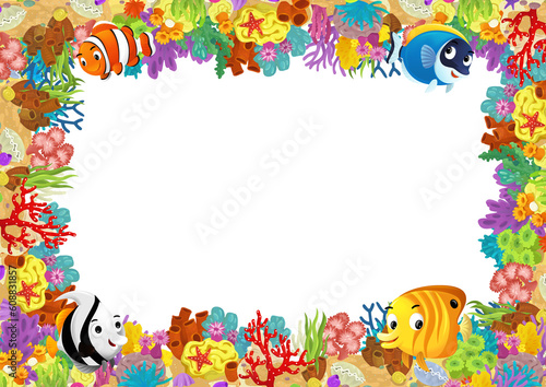 Fototapeta Naklejka Na Ścianę i Meble -  cartoon scene with coral reef and happy fishes swimming near isolated illustration for children