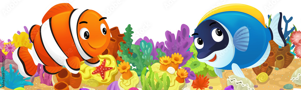 cartoon scene with coral reef and happy fishes swimming near isolated illustration for children cartoon scene with coral reef and happy fishes swimming near isolated illustration for children