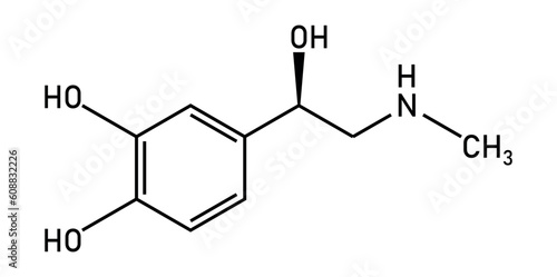 Chemical structure of Adrenaline or epinephrine (C9H13NO3). Chemical resources for teachers and students. Vector illustration isolated on white background.
