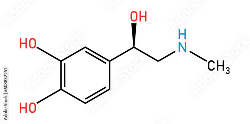 Chemical structure of Adrenaline or epinephrine (C9H13NO3). Chemical resources for teachers and students. Vector illustration isolated on white background.