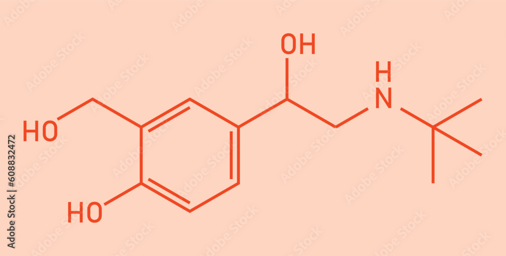 Chemical structure of Salbutamol or albuterol (C13H21NO3). Chemical ...