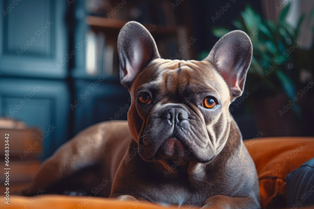 portrait of cute French bulldog lying on the couch at home. Dog in apartments. Generative AI