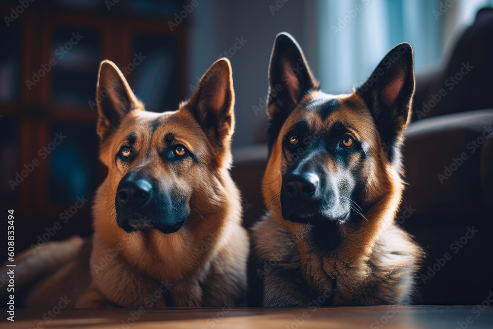 two shepherd dogs looking and sitting at home. Dogs in city apartments. Generative AI two shepherd dogs looking and sitting at home. Dogs in city apartments. Generative AI