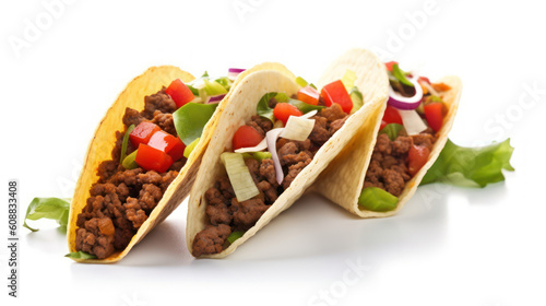 Mexican tacos with ground beef and vegetables Generative ai	
