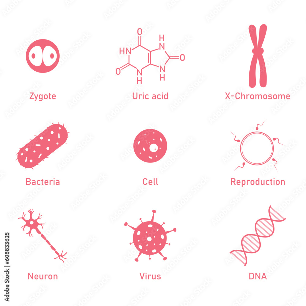 Biology science icon. Uric acid, bacteria, cell, neuron, virus, DNA, reproduction and zygote symbol. Biology resources for teachers and students. Biology science icon. Uric acid, bacteria, cell, neuron, virus, DNA, reproduction and zygote symbol. Biology resources for teachers and students.