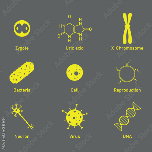 Biology science icon. Uric acid, bacteria, cell, neuron, virus, DNA, reproduction and zygote symbol. Biology resources for teachers and students.