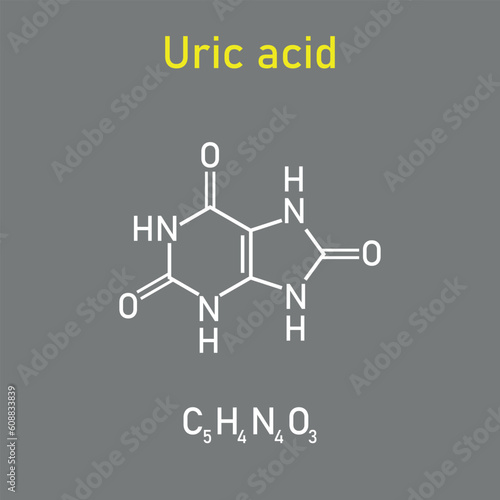 Chemical structure of uric acid (C5H4N4O3). Chemical resources for teachers and students. Vector illustration isolated on white background.