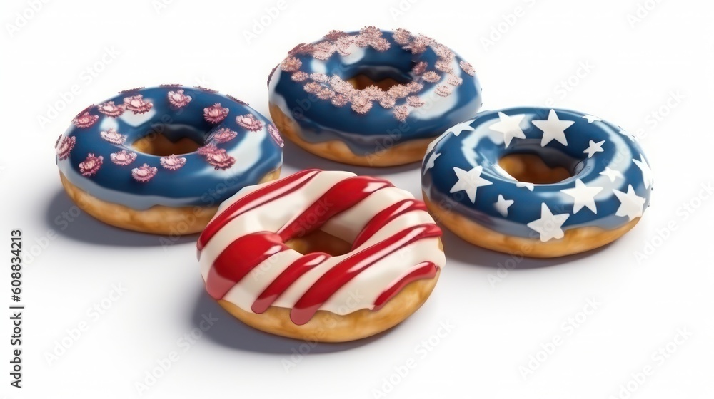 assortment of donuts with icing with american flag pattern on icing on white background. donut day in USA. Generative AI assortment of donuts with icing with american flag pattern on icing on white background. donut day in USA. Generative AI