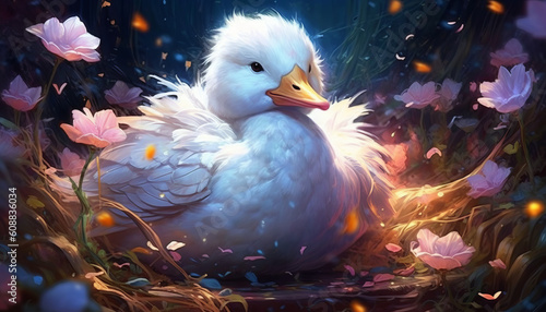 Cute white duck in flowers on the field. Night bird in bright colors. Created with AI.