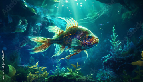 A beautiful exotic fish swims in the ocean, against the backdrop of corals and reefs. Golden hut on the lake. Created with the help of AI. © Ренат Хисматулин