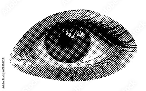 female eye with eyelashes isolated halftone dots texture black white bitmap retro vintage pop art style collage element for mixed media modern crazy design photo