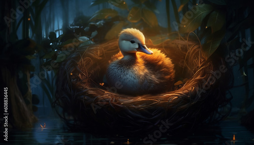 Mother duck in the night nest on the pond. The drake builds a nest for offspring. Created with AI.
