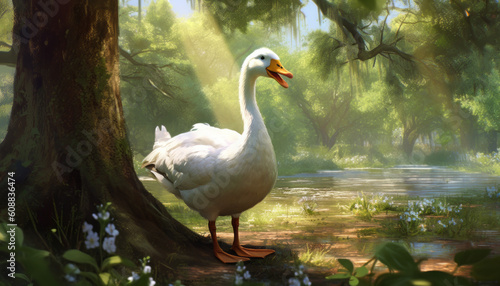 An important goose by a beautiful pond in a sunny forest. Made in AI. photo