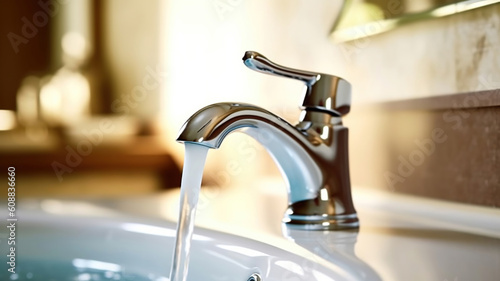 Faucet and water drop close up. Bathroom interior with sink and water tap. Generative Ai