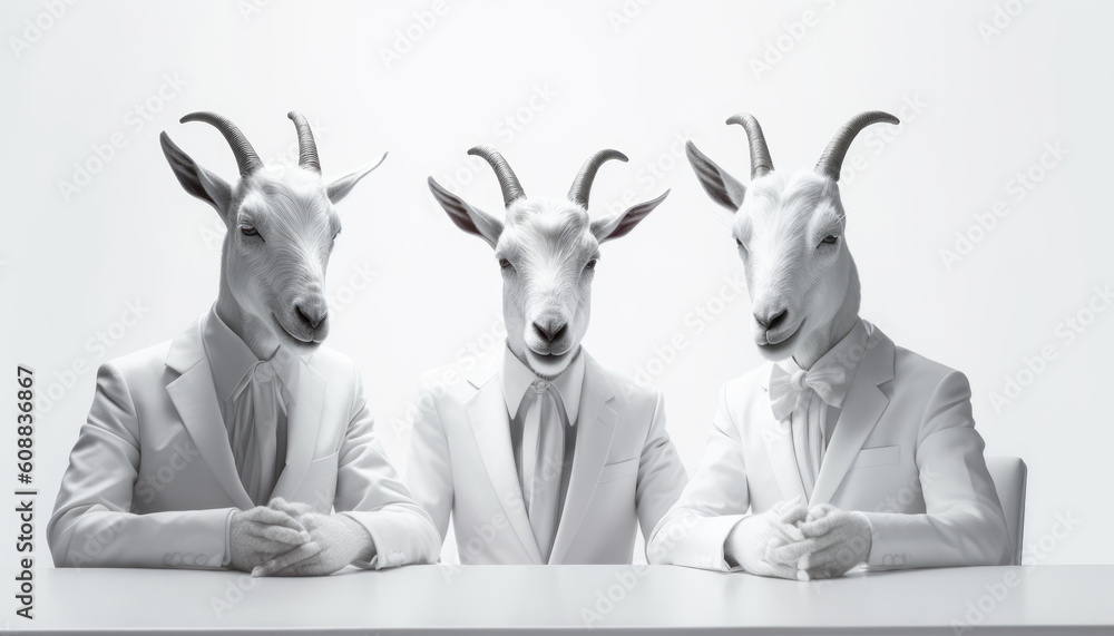 Portraits of three goats, rams or sheep in suits at the table discuss politics and world news. Generative AI. - obrazy, fototapety, plakaty 